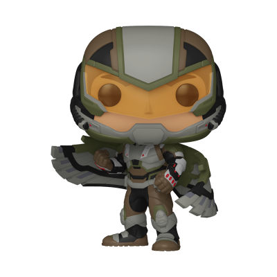 Figura de vinil com capacete e armadura estilo militar com asa ou capa em forma de pássaro