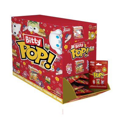 Caixa vermelha de cartão da coleção Bitty Pop! da Funko com figuras de vinil e embalagens individuais.