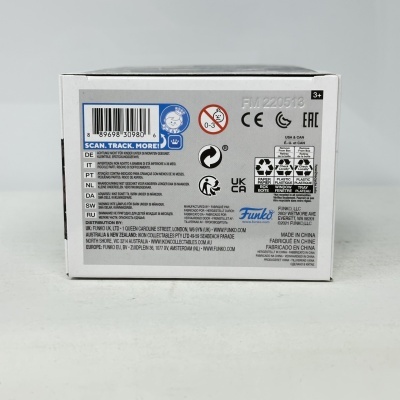 Parte traseira da embalagem de produto Funko com texto e símbolos de reciclagem