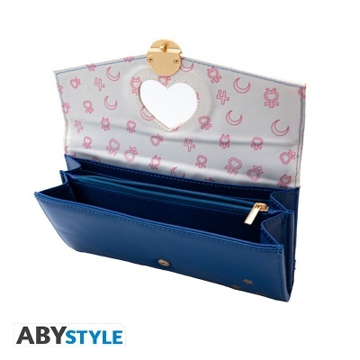 Carteira azul com interior branco e símbolos rosa com corte coração