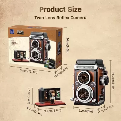 Blocos de construção de câmara Twin Lens Reflex castanha com figura minifig e caixa do produto