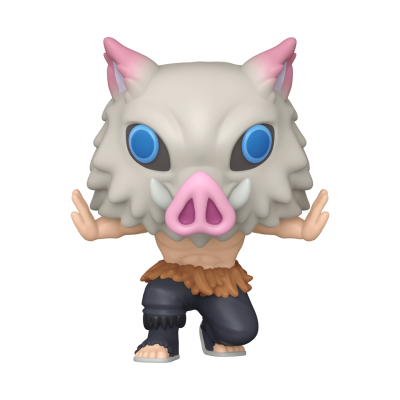 Boneco de vinil com máscara de javali cinza com olhos azuis, nariz rosa e presas, calças pretas e faixa castanha