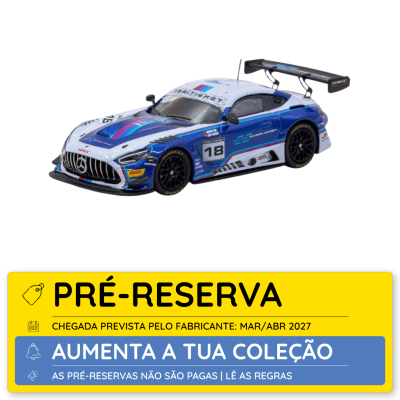 Miniatura de carro de corrida Mercedes AMG GT3 azul e branco com número 18 e aviso pré-reserva