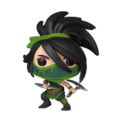 Figura Funko Pop de personagem com cabelo preto e roupa verde segurando armas
