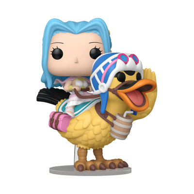 Figura Funko Pop personagem com cabelo azul montada em ave amarela com capacete azul