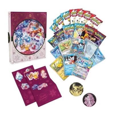 Conjunto Pokémon com cartas, cadernos, lapelas e caixa decorativa