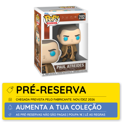 Funko Pop! Paul Atreides Dune Part Three na caixa com selo de pré-reserva amarelo e azul