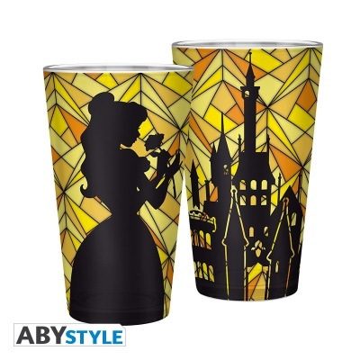 Copos altos plásticos com desenhos em vitral amarelo-laranja e silhuetas pretas de princesa e castelo.