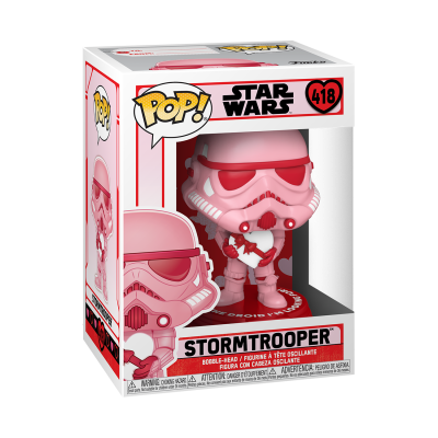 Embalagem Funko Pop Stormtrooper Star Wars número 418 com figura vermelha e branca visível