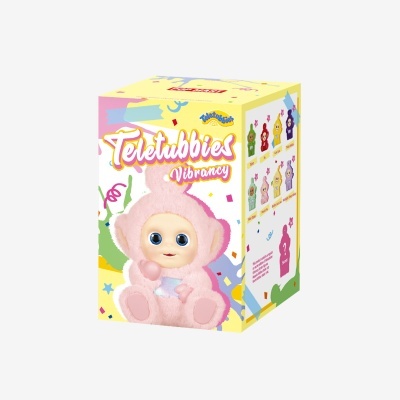 Caixa colorida com boneco Teletubbies rosa de pelúcia