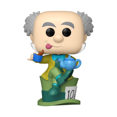 Boneco colecionável vinil homem careca com casaco amarelo, gravata azul, calças verdes, sentado em cartola verde com etiqueta 10/6 segurando bule e chávena azuis