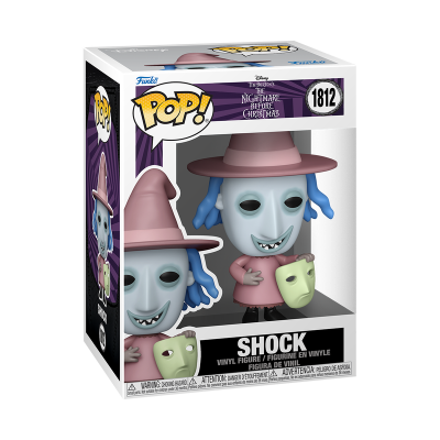 Figura Funko Pop vinil Shock de The Nightmare Before Christmas com chapéu rosa e máscara verde na mão na caixa