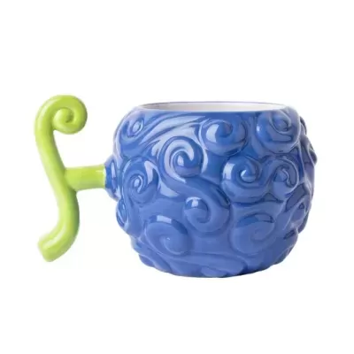 Caneca azul com padrão espiral e pega verde curva
