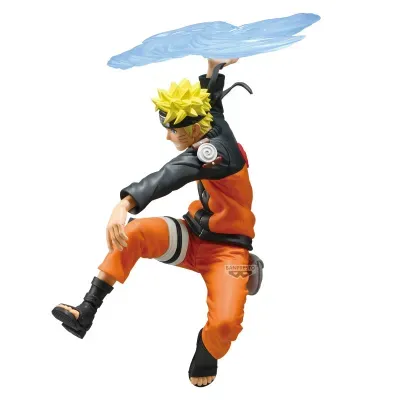 Figura de ação de personagem com cabelo amarelo e roupa preta e laranja segurando efeito de energia azul