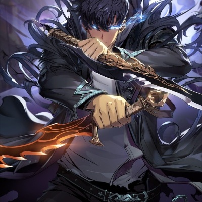 Ilustração de personagem masculino com espadas e efeitos de fogo e sombra.