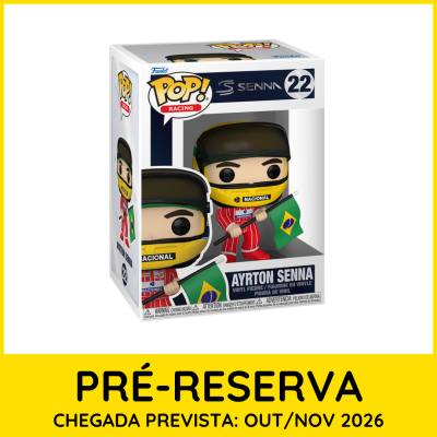 Funko Pop Ayrton Senna com capacete amarelo e bandeira do Brasil em caixa