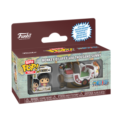 Embalagem de Funko Pop! Rides com Monkey D. Luffy e Thousand Sunny na figura