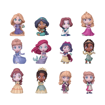 Doze figuras colecionáveis femininas em estilo cartoon com roupas coloridas.