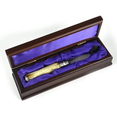 Pincel de maquilhagem com cabo de madeira num estojo castanho forrado a roxo