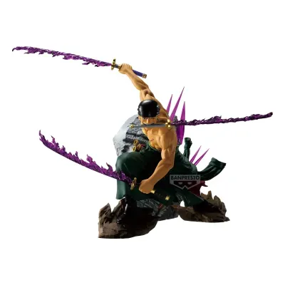 Figura de ação de guerreiro com três espadas roxas flamejantes e base de pedra