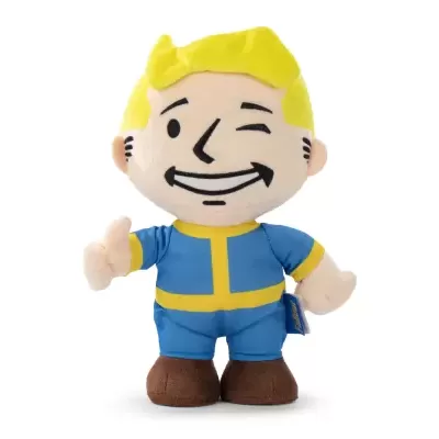 Boneco de pelúcia personagem com roupa azul e detalhes amarelos