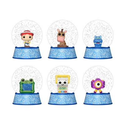 Seis globos de neve com figuras coloridas dentro em bases azuis com padrões brancos