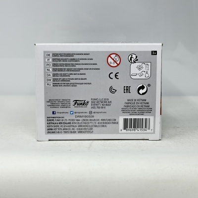 Caixa branca de produto Funko com informações e símbolos impressos na parte traseira.