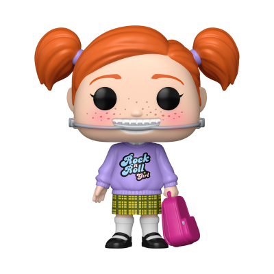 Figura Funko Pop de rapariga com casaco roxo, saia às riscas amarelas e preta, cabelo ruivo em dois rabos de cavalo e mala rosa.