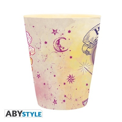 Copo plástico decorado com desenhos místicos em tons amarelo e rosa