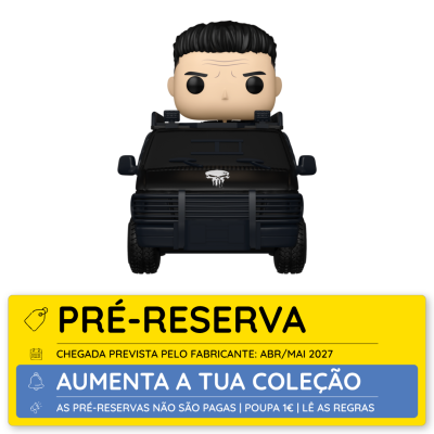 Figura Funko Pop do Punisher num veículo preto com símbolo de caveira