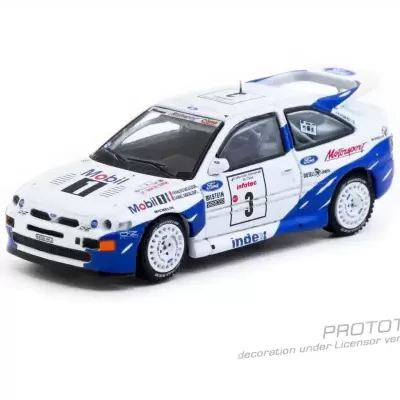 Miniatura de carro de rali branco e azul com número 3 e patrocinadores