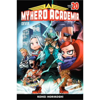 Capa colorida do volume 20 de My Hero Academia com várias personagens e título em letras vermelhas e brancas.