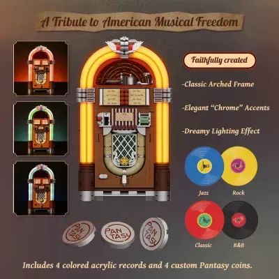 Jukebox de brinquedo com discos coloridos e moedas personalizadas