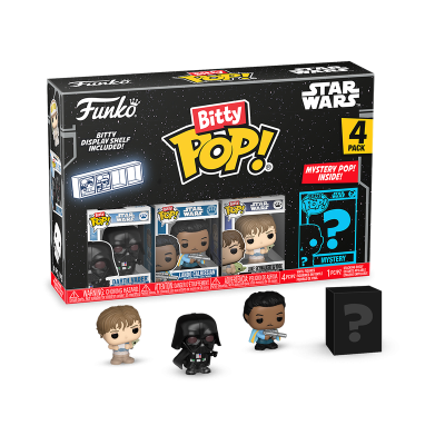 Conjunto Funko Bitty Pop! Star Wars com quatro bonecos em miniatura e embalagem colorida