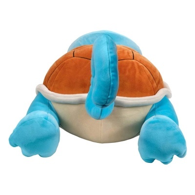 Pelúcia Squirtle Pokémon azul com casca castanha vista de costas