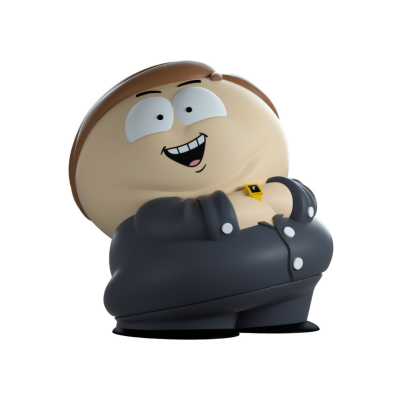 Boneco de personagem sorridente com cabelo castanho e camisa preta