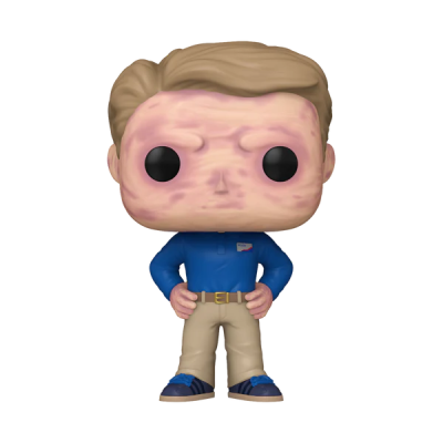 Figura Funko Pop de homem com manchas vermelhas na face, roupa azul e bege