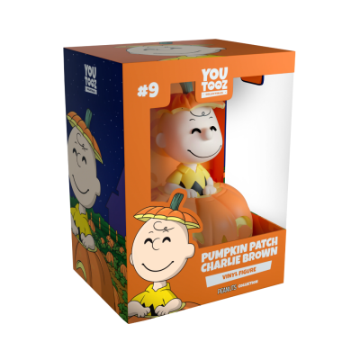 Figura de vinil Pumpkin Patch Charlie Brown em caixa laranja com ilustração e textos da coleção YouTooz