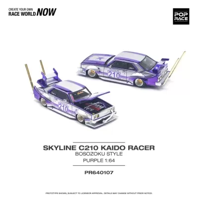 Miniatura do carro Skyline C210 Kaido Racer roxa e branca com escapamentos dourados verticais