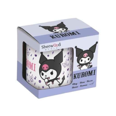 Vela perfumada Kuromi em embalagem lilás com desenhos de caveiras e estrelas.