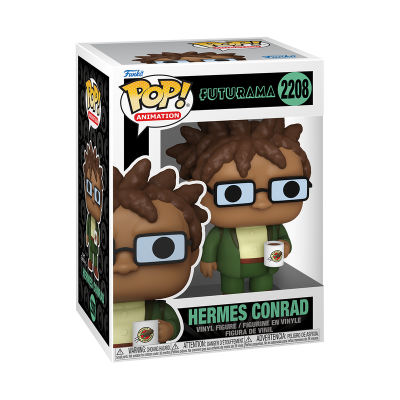 Boneco Funko Pop Hermes Conrad da série Futurama dentro da caixa original.
