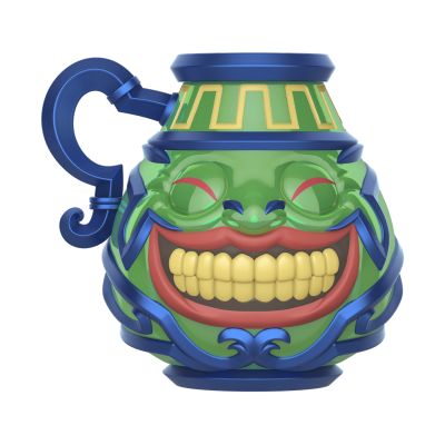 Caneca de cerâmica verde com rosto sorridente, dentes amarelos, detalhes azuis e vermelhos, padrão amarelo e pega azul