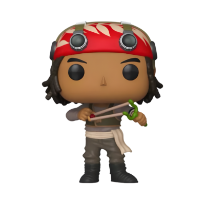 Figura Funko Pop com capacete vermelho, roupa cinzenta e bege, segurando estilingue verde.
