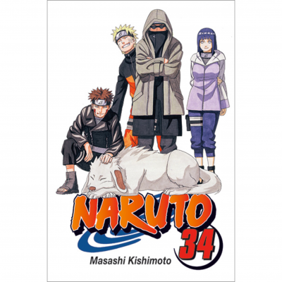 Capa do manga Naruto volume 34 com personagens e cão branco