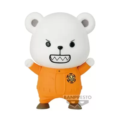 Figura de urso branco cartoon com fato laranja e expressão zangada