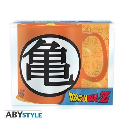 Caneca laranja Dragon Ball Z com símbolo preto e branco na caixa transparente