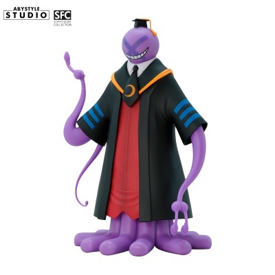 Figura roxa de personagem com tentáculos e capa preta com detalhes azuis e laranja