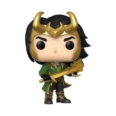 Figura Funko Pop com capacete dourado e casaco verde