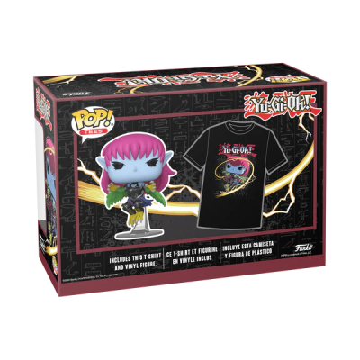 Caixa Funko Pop! e T-shirt Yu-Gi-Oh! com figura cinza e T-shirt preta.