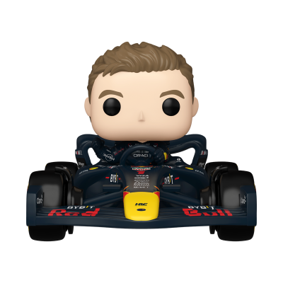 Figura Funko Pop de piloto em carro de Fórmula 1 preto com Logótipos Red Bull